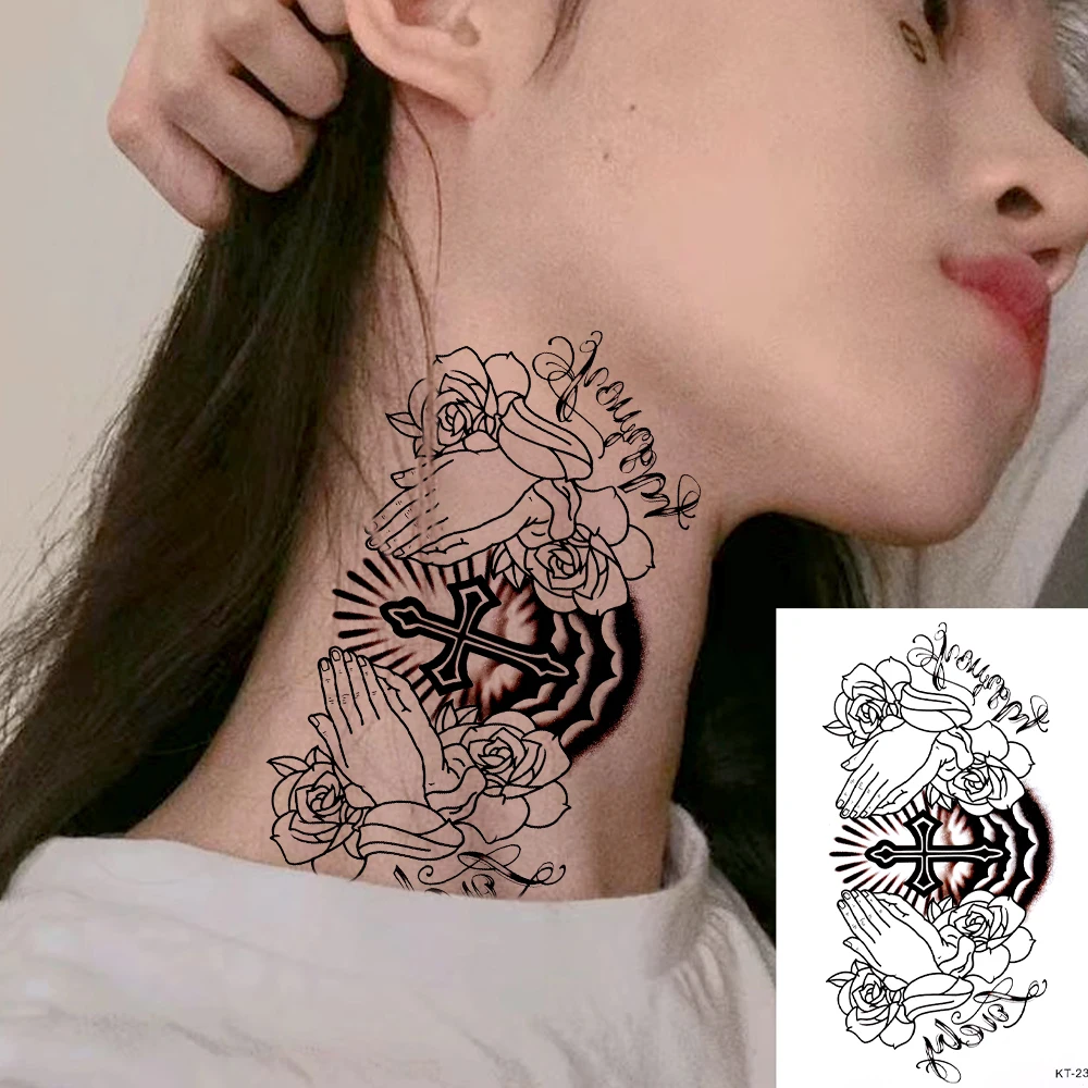 Tatuajes cruzados de manos grandes, tatuajes realistas, impermeables, duraderos 15 días, mariposa, rosa, flor, Cruz, tatuaje falso