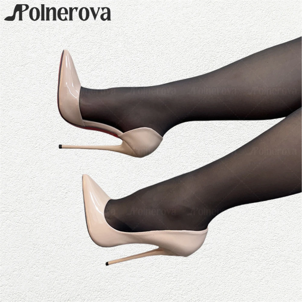 

Nude Patent Leather Lacquered Pumps Sexy Style Pointed Toe High Heels Fashionable One Side Hollow Slip on High Heels for Women