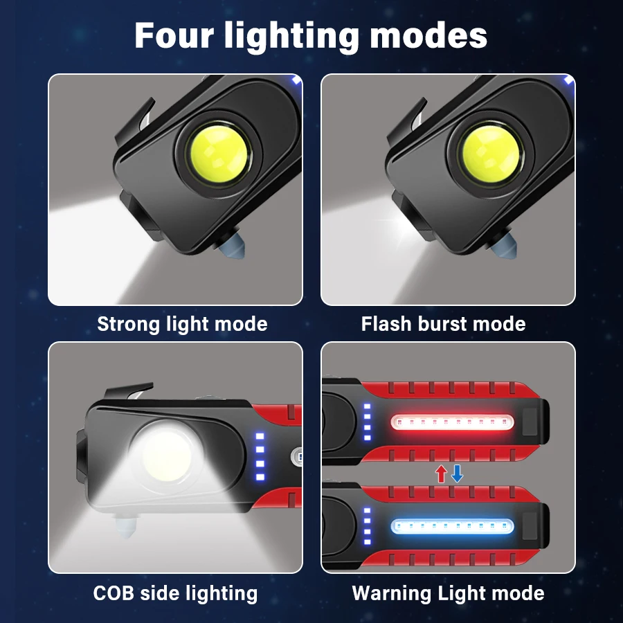 New Multifunctional Super Bright LED Flashlight Side Light COB Built-in Battery USB Charging With Magnet Torch Safety Hammer