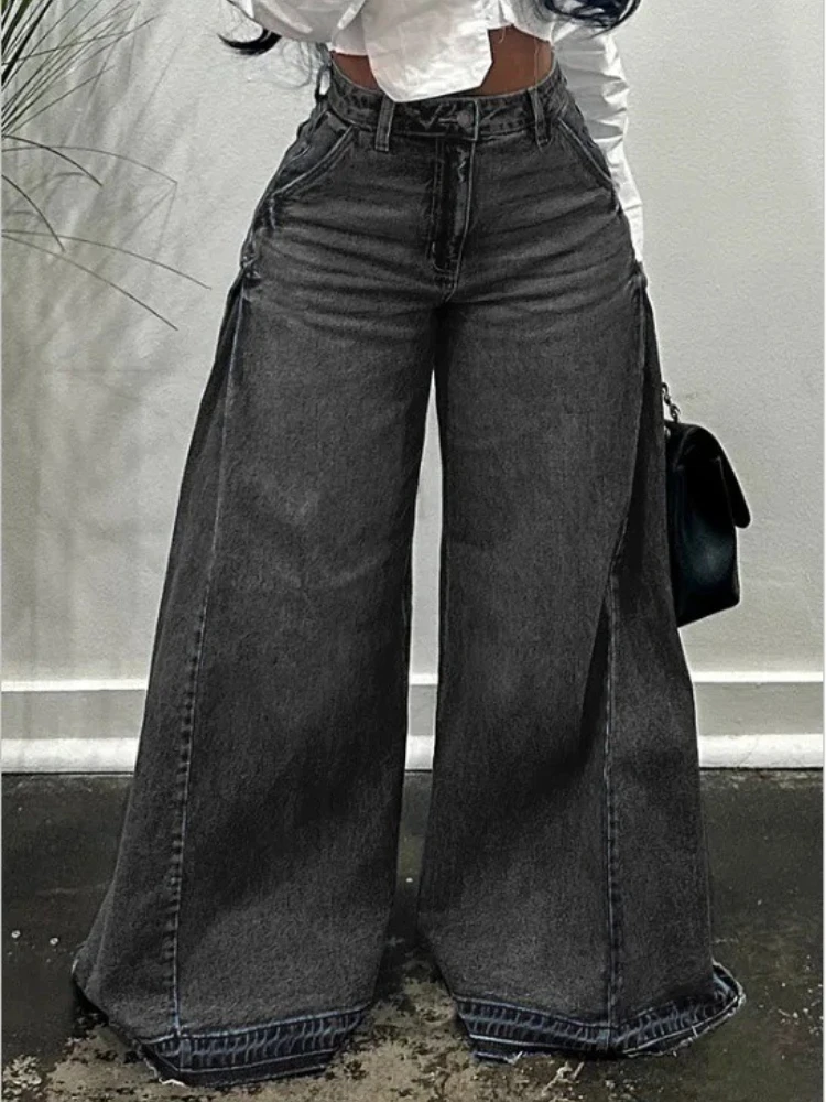 Deeptown Blue Washed Women Flared Jeans Harajuku Y2k Oversized Wide Leg Spliced Tassel Denim Pants Baggy American Retro Trousers