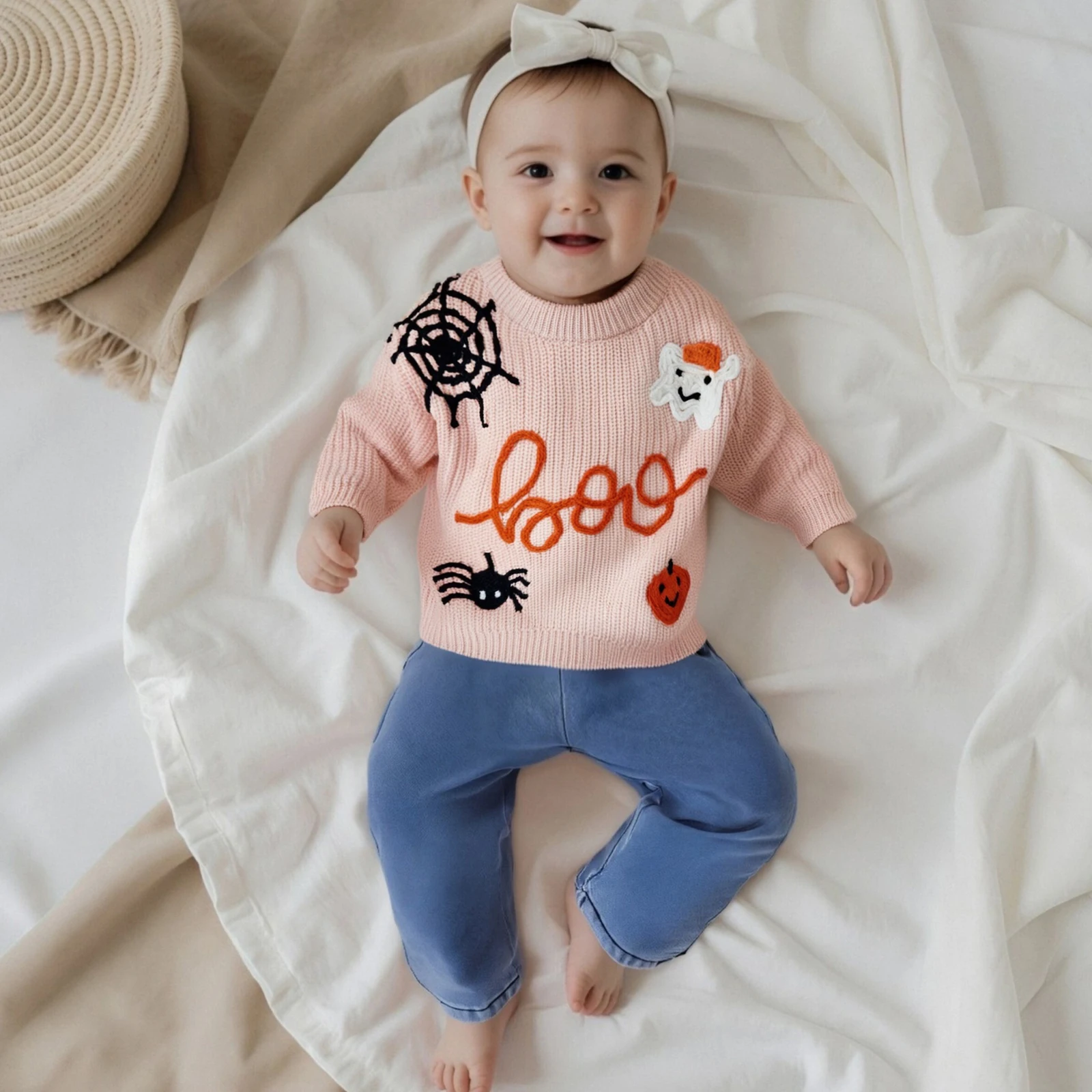 

Toddler Clothes Baby Knit Sweater Halloween Pumpkin and Ghost Embroidery Crew Neck Long Sleeve Tops