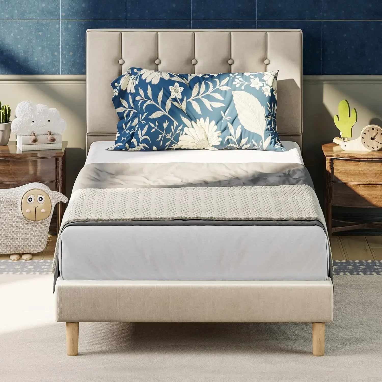 Velvet Upholstered Platform Bed Frame with Headboard and Strong Wooden Slats, No Box Spring Needed/Noise-Free/Easy Assembly, Bei