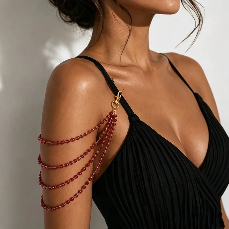Bohemian Deep Red Beaded Shoulder Chain Multi Layer Draping Body Harness Exotic Summer Beach Party Costume Body Jewelry