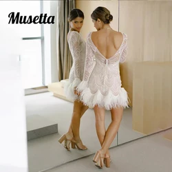 Musetta Boho Mini Short Wedding Dress Simple Illusion Long Sleeves Boat Neck Bridal Gowns Open Back Above Knee Vestido de novia