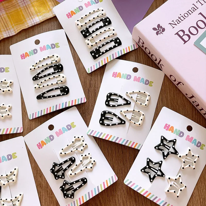 4Pcs White Black Girl Snap Hair Clip Kids Star Love Bow Oval Hairpin Fashion Sweet Cute Basic Headwear Children Hair Accessories