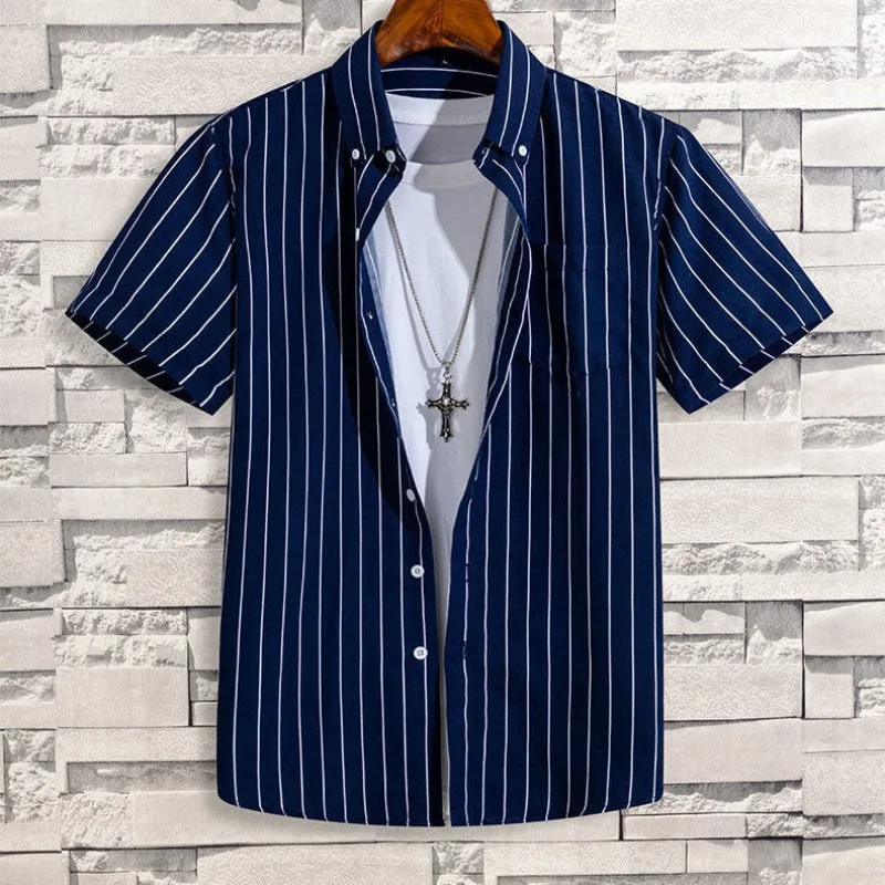 

Men's Clothing Summer Short Sleeve Striped Cardigan Button Shirt Turn-down Collar Comfortable Preppy Style Contrast Color Tops