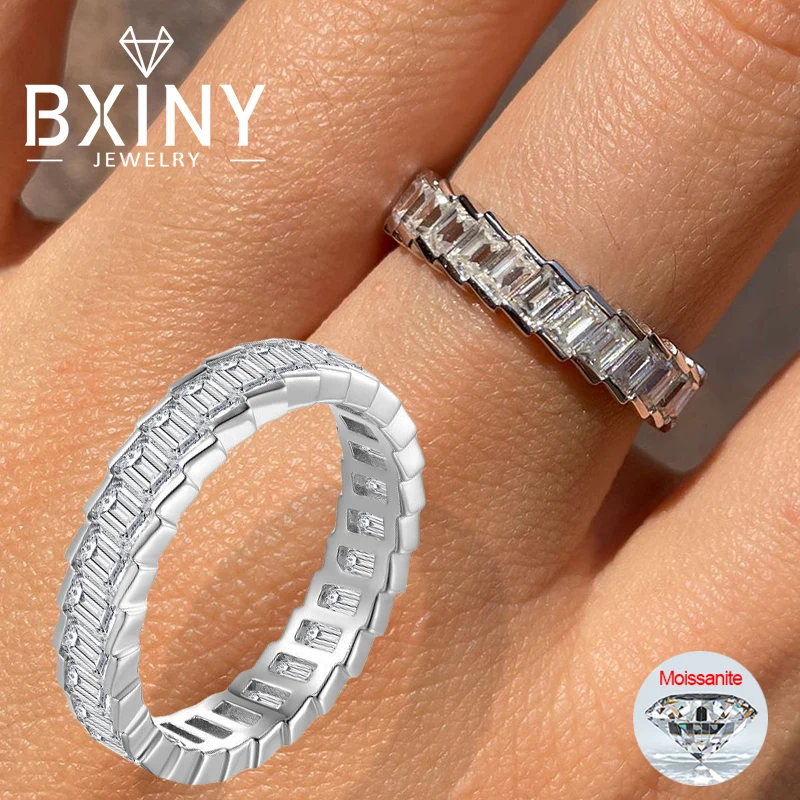

BXINY 2*3mm Emerald Cut All Moissanite Ring 925 Sterling Silver for Women D Color Diamond Eternity Wedding Band Fine Jewelry GRA