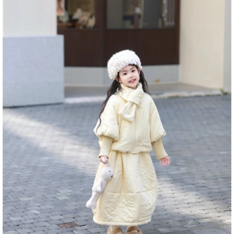 

2025 Winter Girls' New Solid Color Thick Quilted Cotton Jacket Cotton Coat and Skirt Two Piece Set