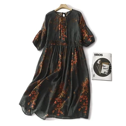 Large Size Pure Cotton Printed Dress Summer Ethnic And Ancient Style Round Neck Women's Half Sleeve Long Dress F065