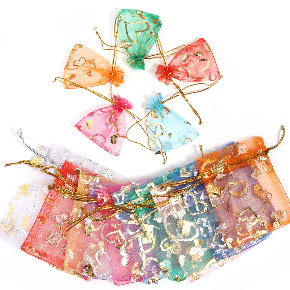 10pcs Hot Printing Organza Gift Bag  Mini Sachet Gold Color Drawstring Bag For Jewelry Heart Drawstring Packaging Pouches