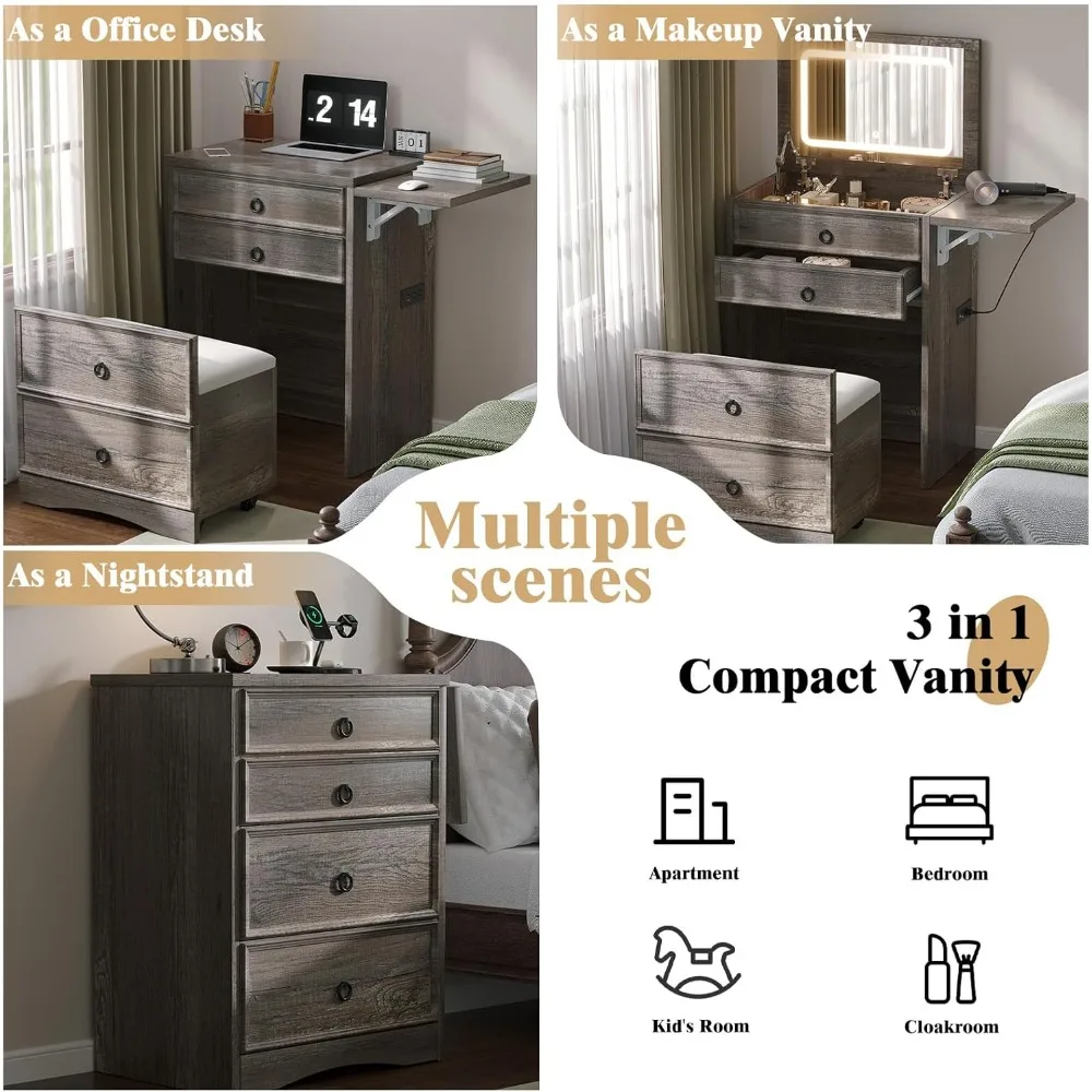 3-in-1 Vanity Set with LED Lighted Flip Top Mirror, Makeup Table with Fold-Up Panel, Hidden Stool, Charging Station, Small