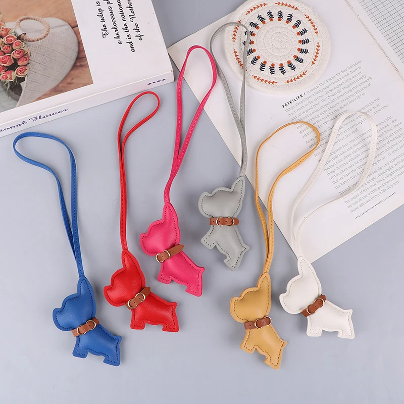 Cute Bulldog Leather Keychain Cartoon Puppy Charm For Women Girls Bag Pendant Handbag Hanging Decoration