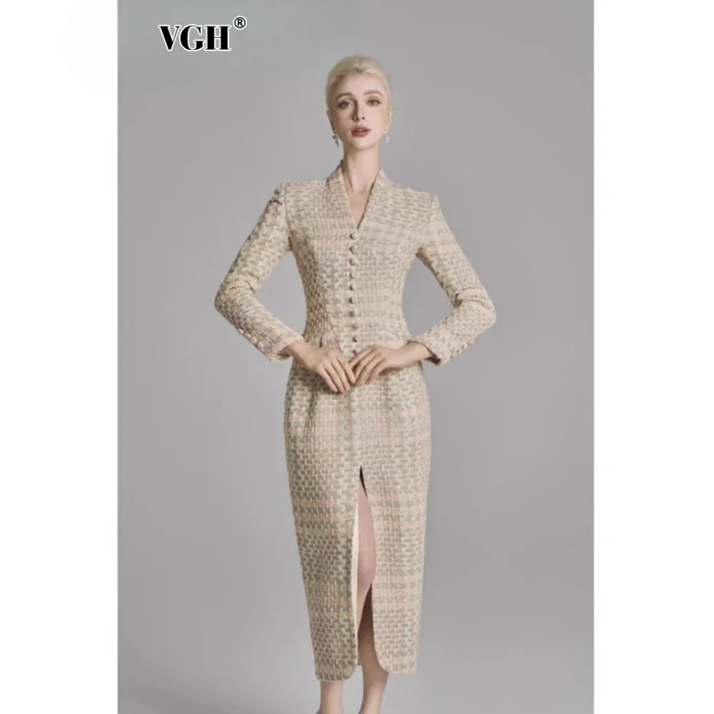 VGH Colorblock Slimming Spliced Single Breasted Dresses for Women V Neck Long Sleeve Patchwork Printing Dress Female Clothing