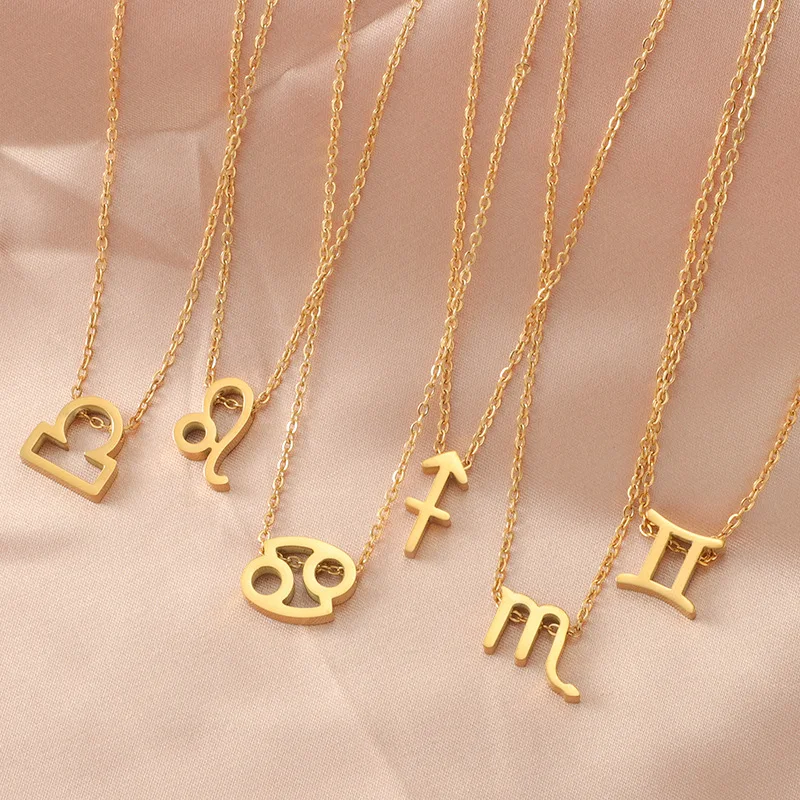 12pcs/lot Stainless Steel Gold Color Whole Twelve Zodiac Constellations Pendant Necklaces For Women Jewelry DIY Gift 45+5cm