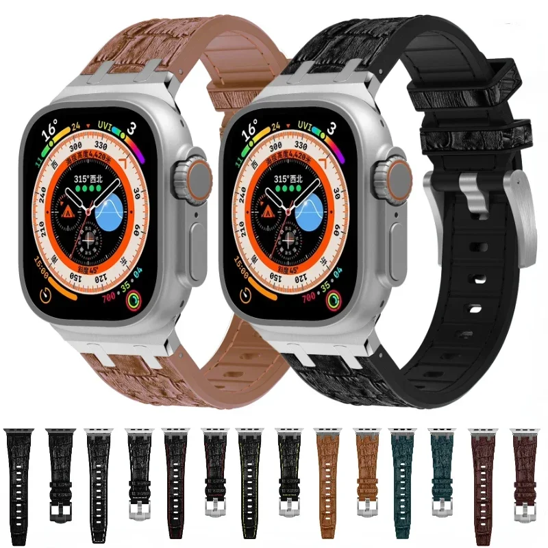 

Ремешок из кожи и силикона для Apple Watch Band 49 мм 45 мм 41 мм 44 мм 40 мм 42 мм 38 мм, Комплект браслетов для iWatch Series 9 8 7 6 5 4 SE 3