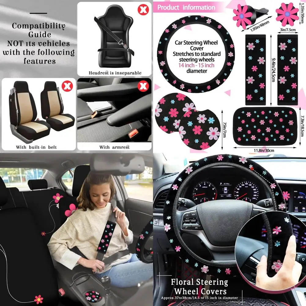 

19 Pcs Cute Car Accessories Set for Women Include Seat Covers, Steering Wheel Cover, Air Vent Clips, Cup Mats, Center Console Pa