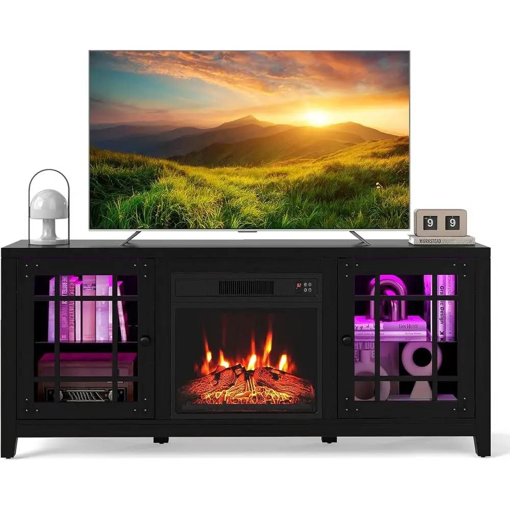 65 TV Stand with LED Lights, 18 Extendable, Remote Control, Entertainment Center, Adjustable Shelves, Black