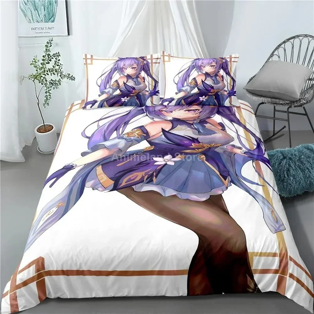 Keqing-Parure de lit imprimée en 3D du jeu Genshin Impact, ensemble de literie violet, housse de couette en lin doux, décoration de chambre à la maison, Queen et King Size, 202 lon