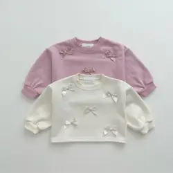 2024 Spring New Girl Baby Sweet Bow Long Sleeve Sweatshirt Children Solid Fashion Tops Kid Casual Cotton T-shirt Toddler Clothes