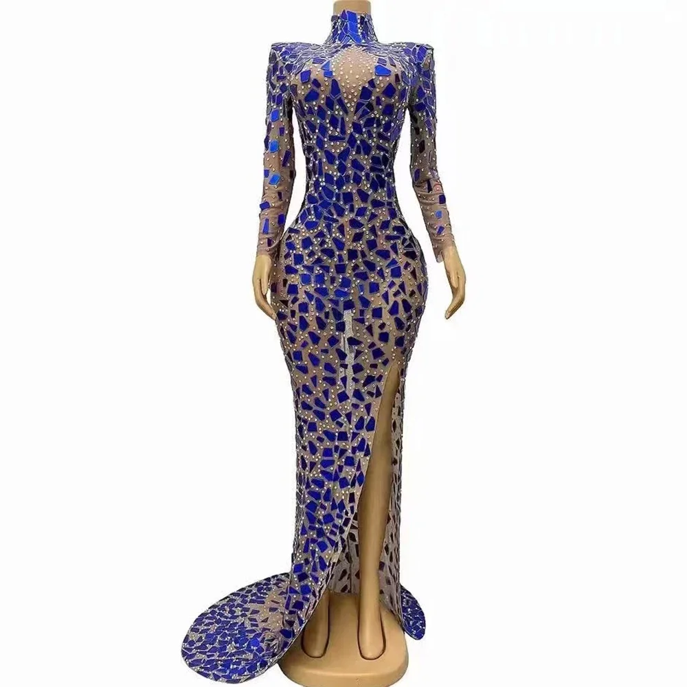 

Sexy Stage Evening Celebrate luxurious Blue Mirror Transparent Long Train Dress Rhinestones Performance Outfit Photoshoot Dress