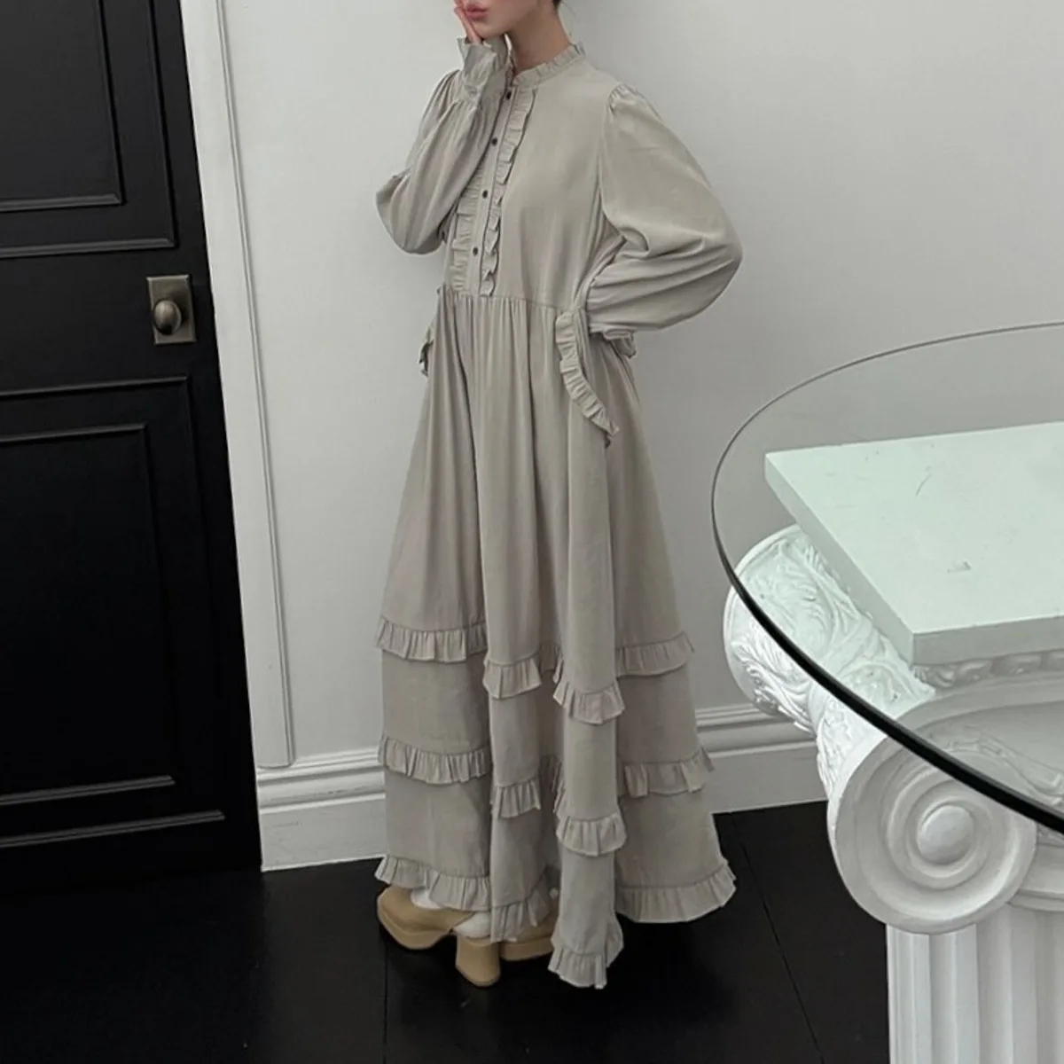 KWTX 2025 Vestido maxi feminino elegante em camadas com gola alta e babados em camadas vintage chique luxo cor sólida outono casual