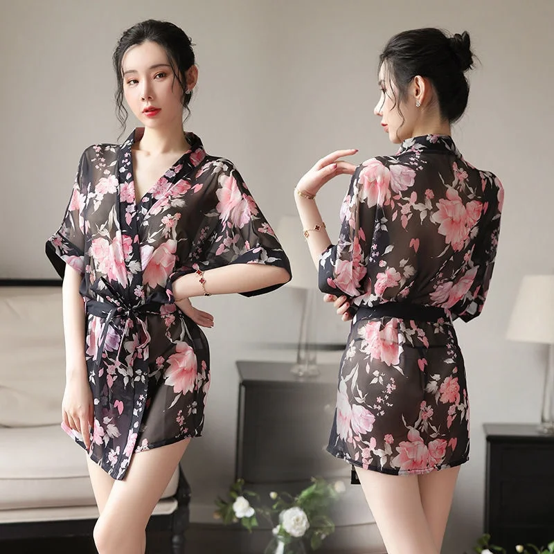 

Sexy Summer Sleepwear Women's Nightclub Cool Sensual Robe Attractive Dazzling Hot Girl Light Sensation Kimono Style Home Clothes