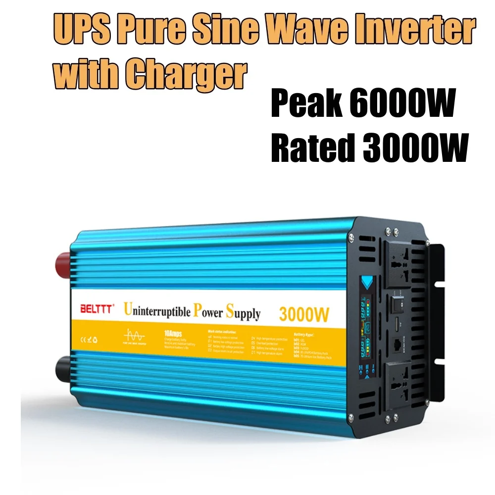 

3000W Pure Sine Wave Inverter Built-in UPS 15A 25A Charge Controller 2000W DC 12V 24V TO AC 220V 50HZ 60HZ charger Home car Use