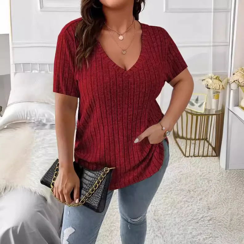 Dames Top met korte mouwen T-shirt Zomertop V-hals Trui Gebreid T-shirt Oversized Dames XL-XXXL Damestops en blouses