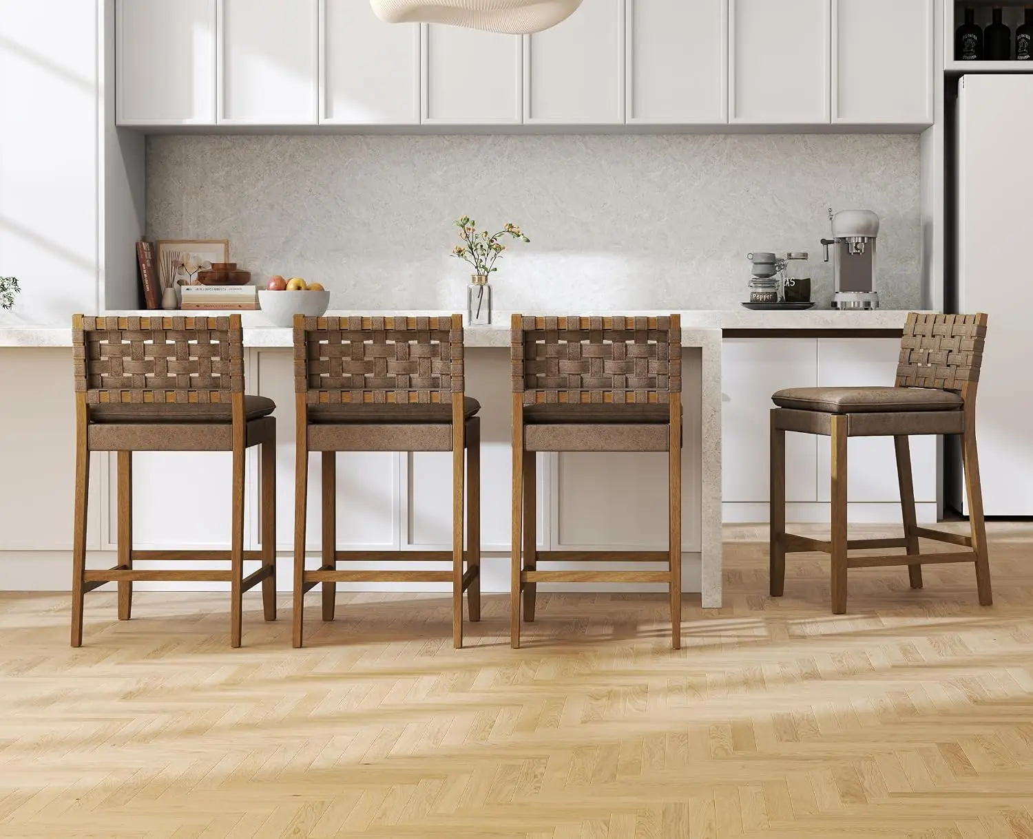 Mid Century Rattan Bar Stools Set of 4 Modern Farmhouse Barstools with Leather Woven Backs 26 Inch Wooden Counter, Customized