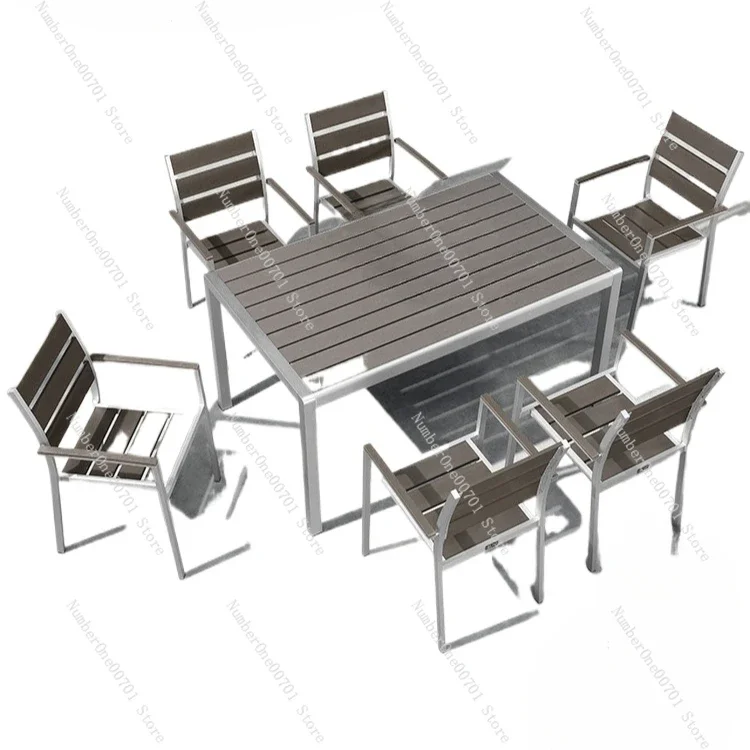 

Garden Table and Chair Combination Outdoor Retractable Table Plastic Wood Leisure Aluminum Alloy Outdoor Table and Chair