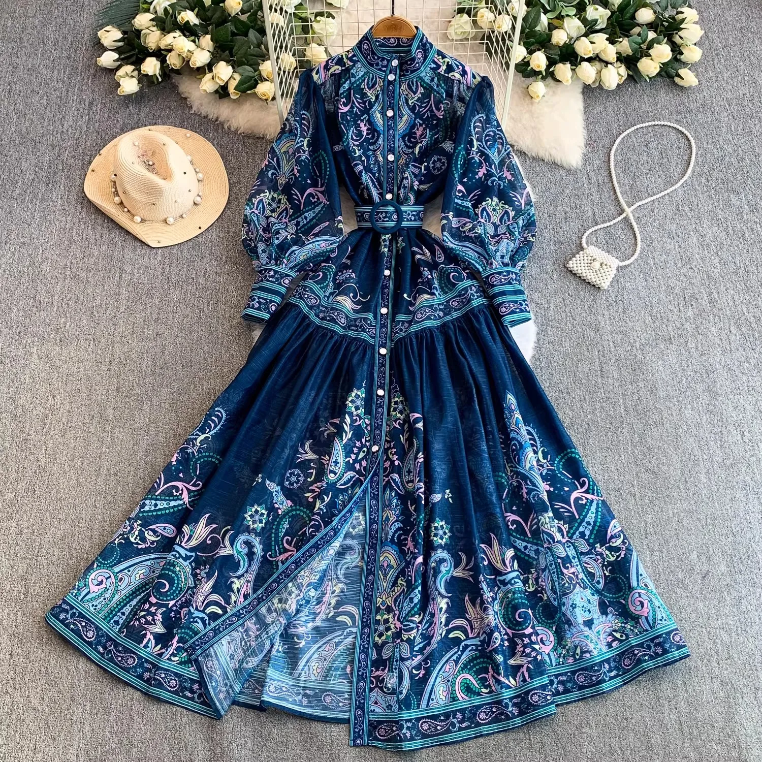 

2026 New Spring Summer Vintage Chiffon Single Breasted Lady Full Dress A Line Stand Puff Sleeve Maxi Women Dresses Vestidos
