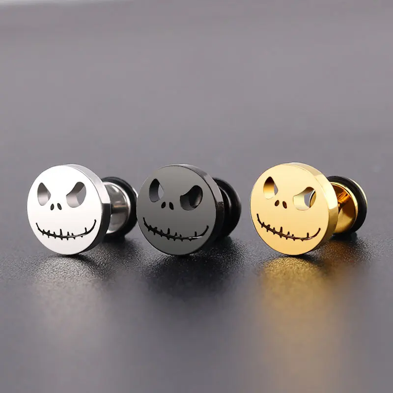 Fashion Titanium Round Cake Stud Earrings For Men Women Halloween Pumpkin Head Earings Stainless Steel Jewelry Evil Eye