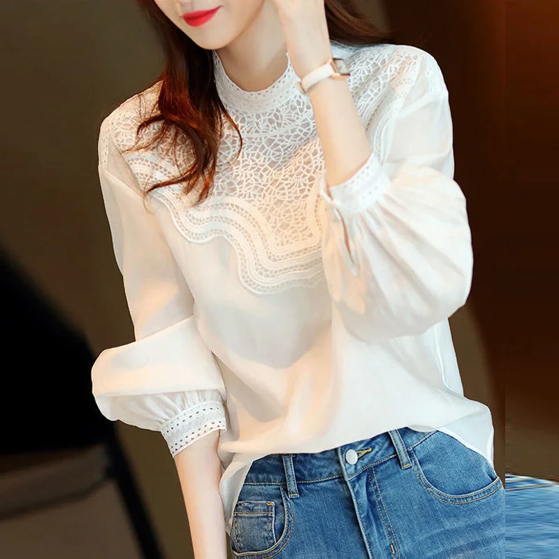 Elegant Chic Simple Sexy Hollow Stand Collar Tops Women 2022 Spring Fall Casual White Long Sleeve Loose All-match Blouse Camisas