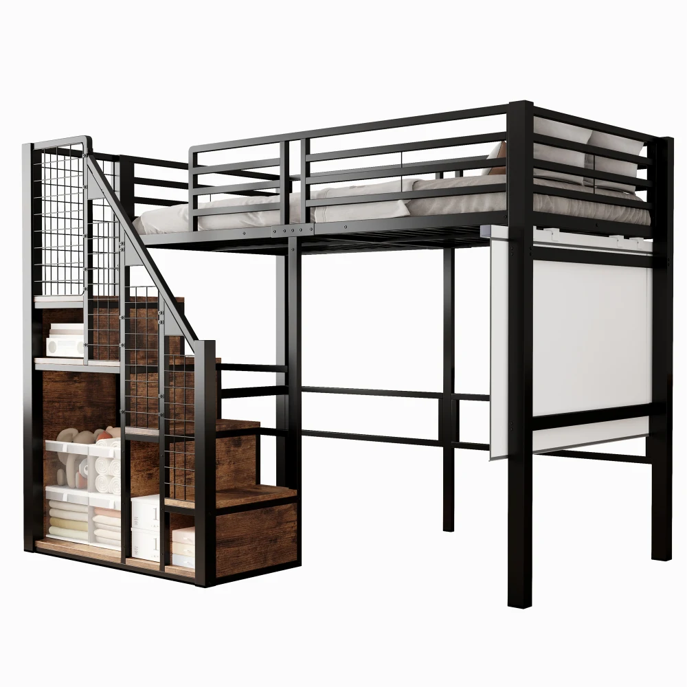 90*200cm & 140*200cm hoog bed met veiligheidsladder, modern kinderbed met ijzeren frame en opbergruimte, jeugdbed, voor slaapkamer - afbeelding 2