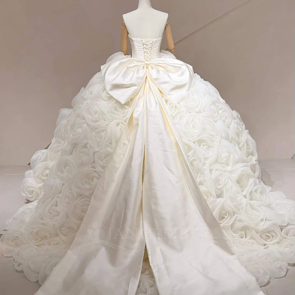 Customized Elegant White Satin Wedding Dress Strapless Lace Sleeveless Bride Dress Big Flower vestidos de novia boda