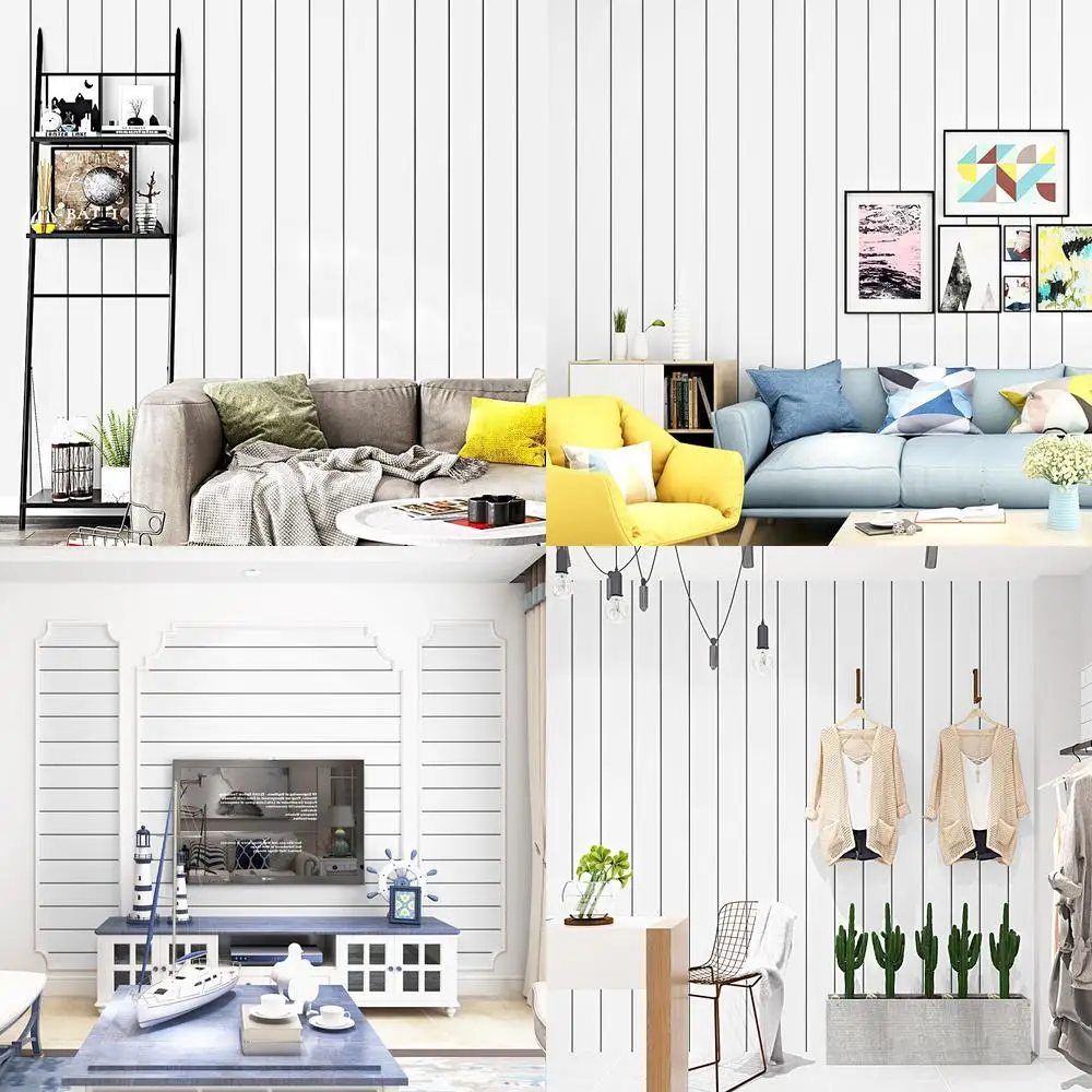 

Nordic Style Wallpaper White Wood Grain Faux Plank Black and White Vertical Stripes Living Room Bedroom TV Background Wall Mural