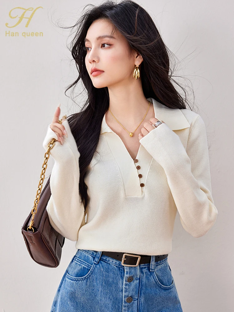 H Han Queen Autumn Winner Tops Loose Long Sleeve Women Sweaters Elegant Simple Vintage Casual knitted Pullovers Sweaters Female