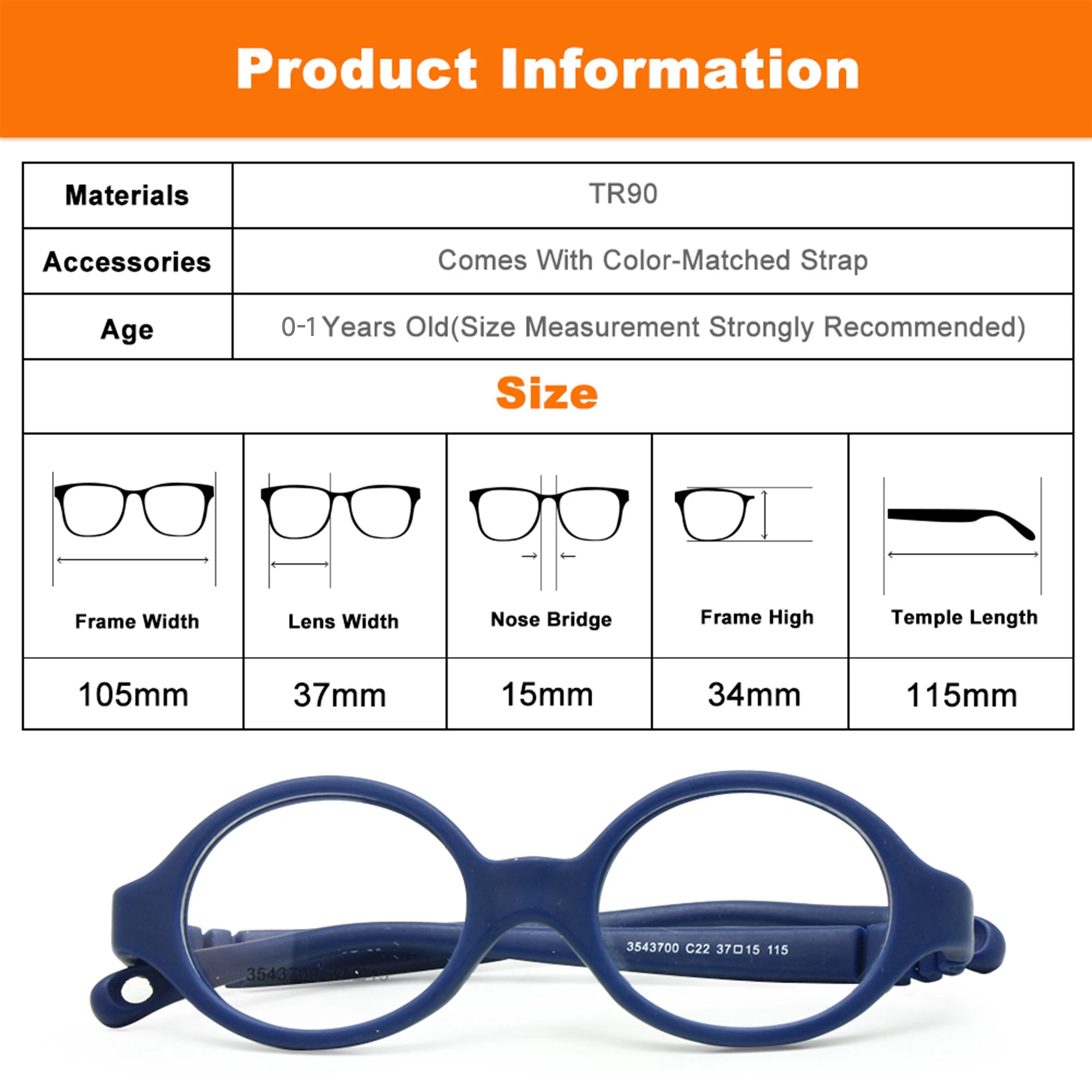 Baby Glasses Size 37mm No Screw Safe Bendable with Strap, Fliexible Optical Children Frame & Plano Lenses, Kids Eyeglasses Cord