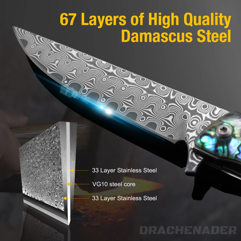 DRACHENADER Damascus Steel Folding Knife, Self Defense Pocket Knife for Men, Abalone Handle, Gift Knives, Camping Multi-tool