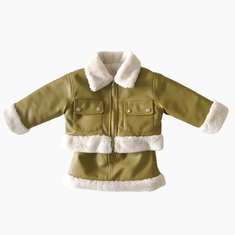 Girls' plush splicing leather suit 2024 winter new baby girls lapel plus fleece coat leather skirt two-piece set 90-140cm