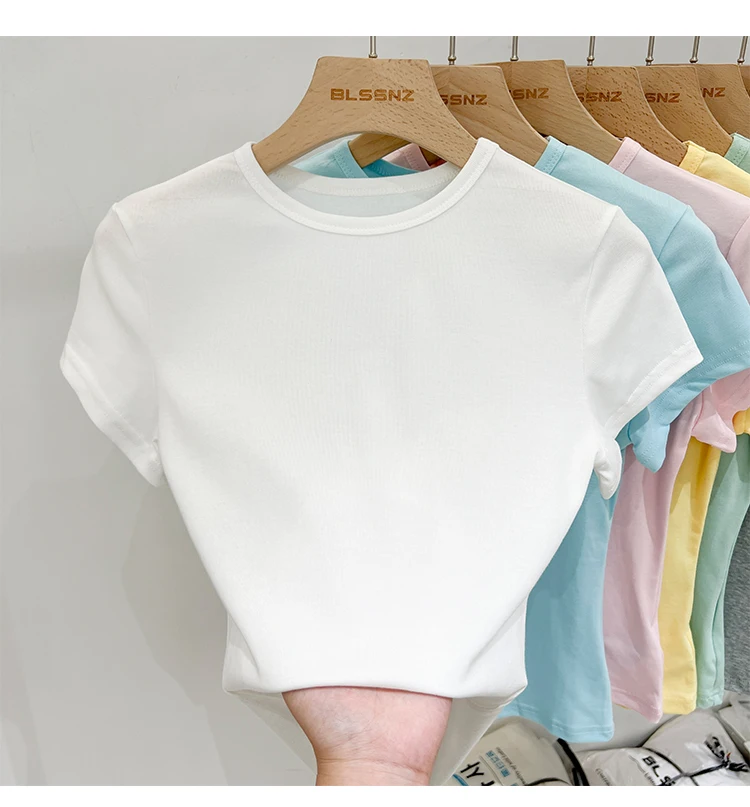 Zjaiss 2026 Sommer Neues Design Slim Fit Basic Top Trendiges Damen Baumwoll-Kurzarm-T-Shirt Einfarbig Vielseitiges O-Neck Tee – Detail 6