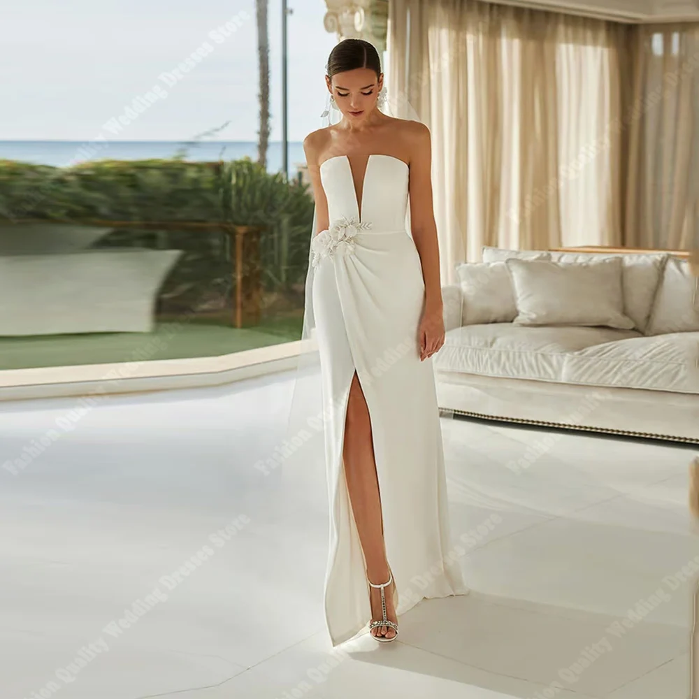 

Fashion Satin Wedding Dresses For Women Sexy Strapless Sleeveless Bridal Robes Engagement Banquet Vestidos De Novias Customized