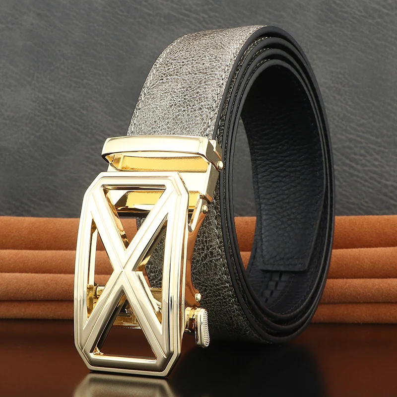 

Designer men belts high quality fashion light gray genuine leather letter X Automatic Buckle Blue waist strap
