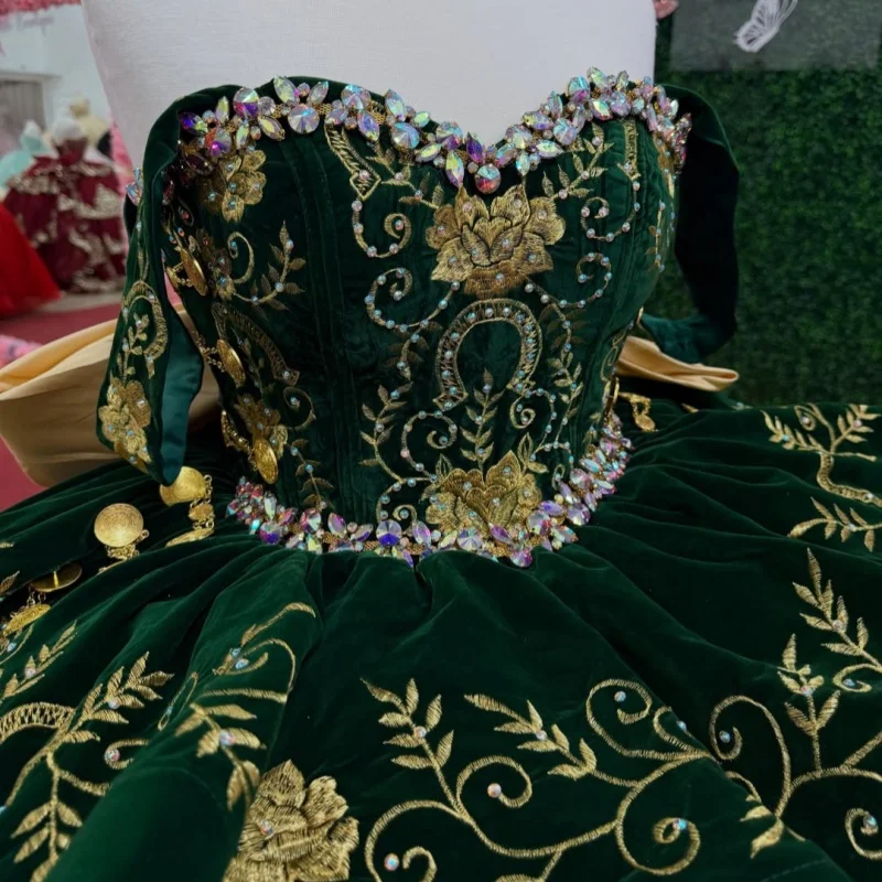 Velvet Green Quinceanera Dress off-shoulder Crystal Decal Lace Layering Long tail Bow vestidos de 15 Quinceanera ﻿Customize