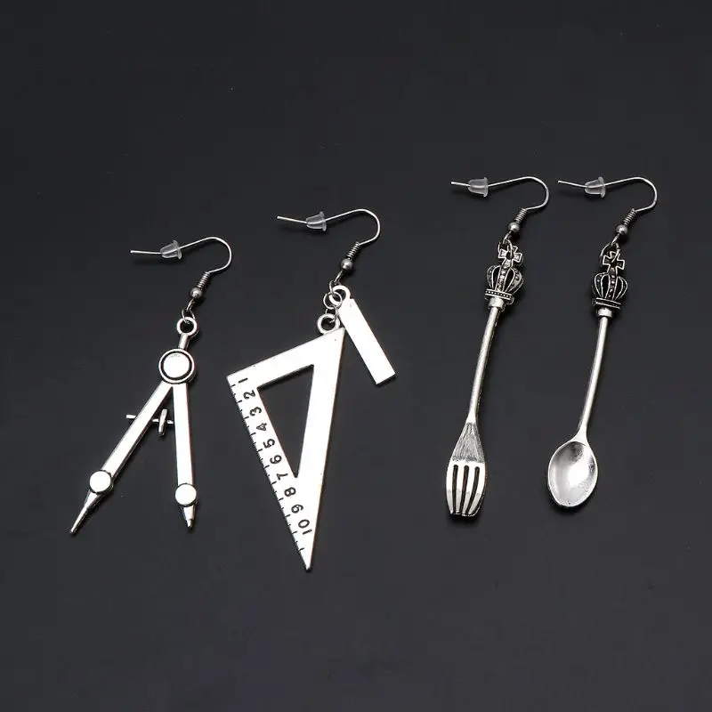 Harajuku Spoon Fork Stud Earrings for Triangle Ruler Asymmetric Earrings All-match Surprise Gift for Unisex Women Men