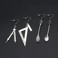 Harajuku Spoon Fork Stud Earrings for Triangle Ruler Asymmetric Earrings All-match Surprise Gift for Unisex Women Men