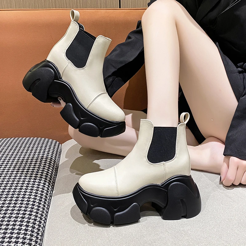 2023 nowe modne buty jesienne buty damskie botki damskie koturny damskie buty Chelsea Boot 10CM buty na platformie zimowe ciepłe