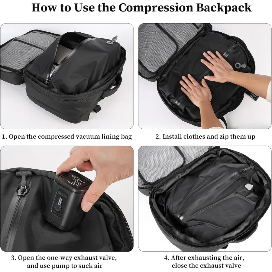 حقيبة ظهر مضغوطة بالفراغ سعة 60 لتر قابلة للتوسيع ومقاومة للماء ومضادة للسرقة باللون الأسود #2