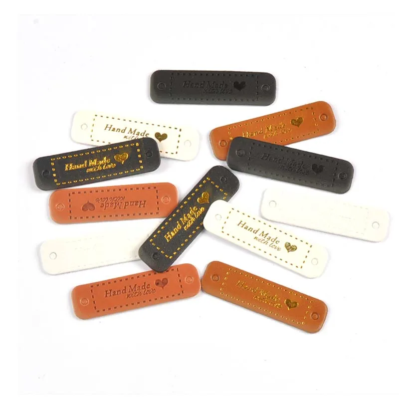 20Pcs 55x15mm PU Leather Handmade With Love Embossed Tags DIY Flag Label For Garment Sewing Accessories cp3471