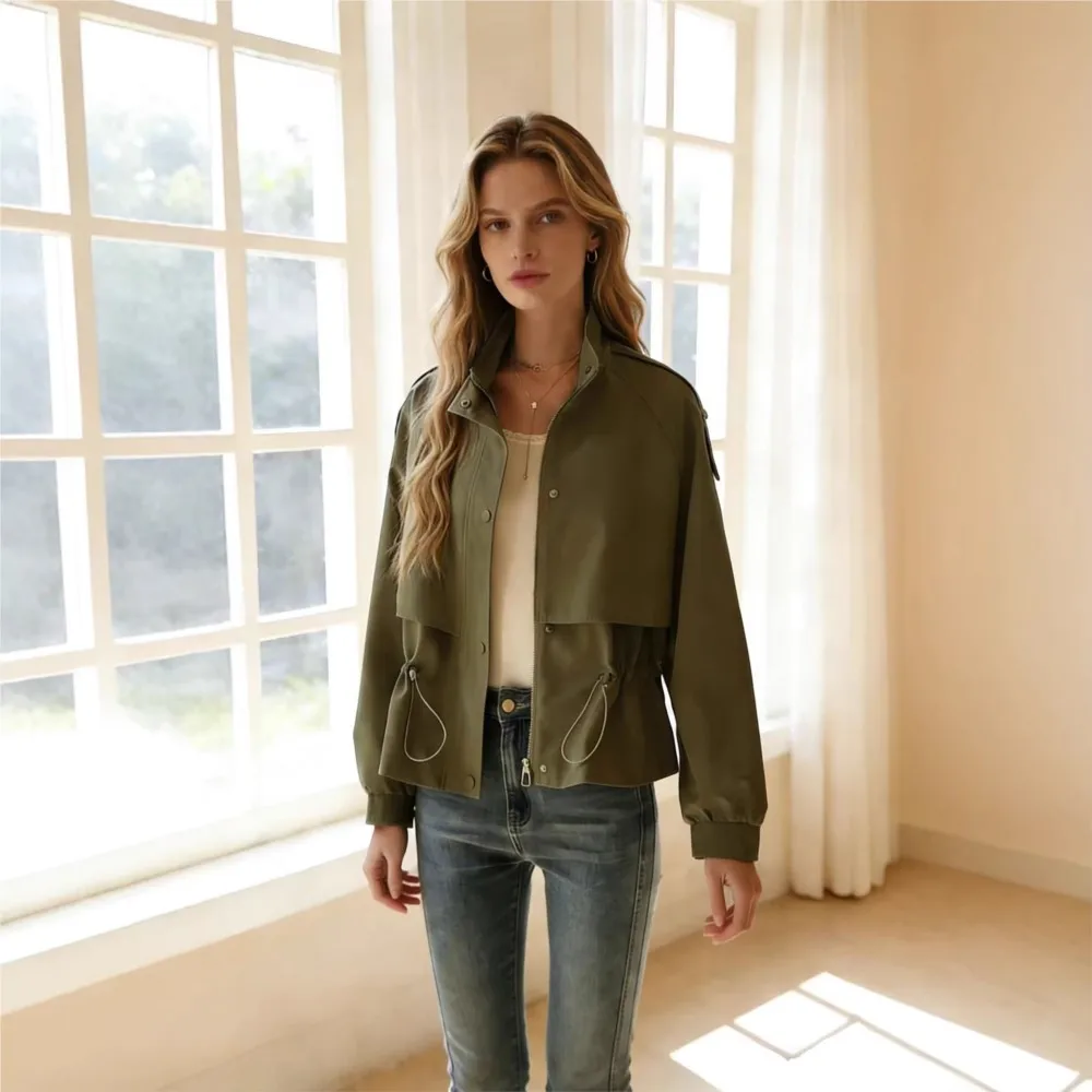 2026 Fashion V-neck High Windbreaker Jacket For Women Short Style Fashionally A-Line With Drawstring Waist And Casual Top Female